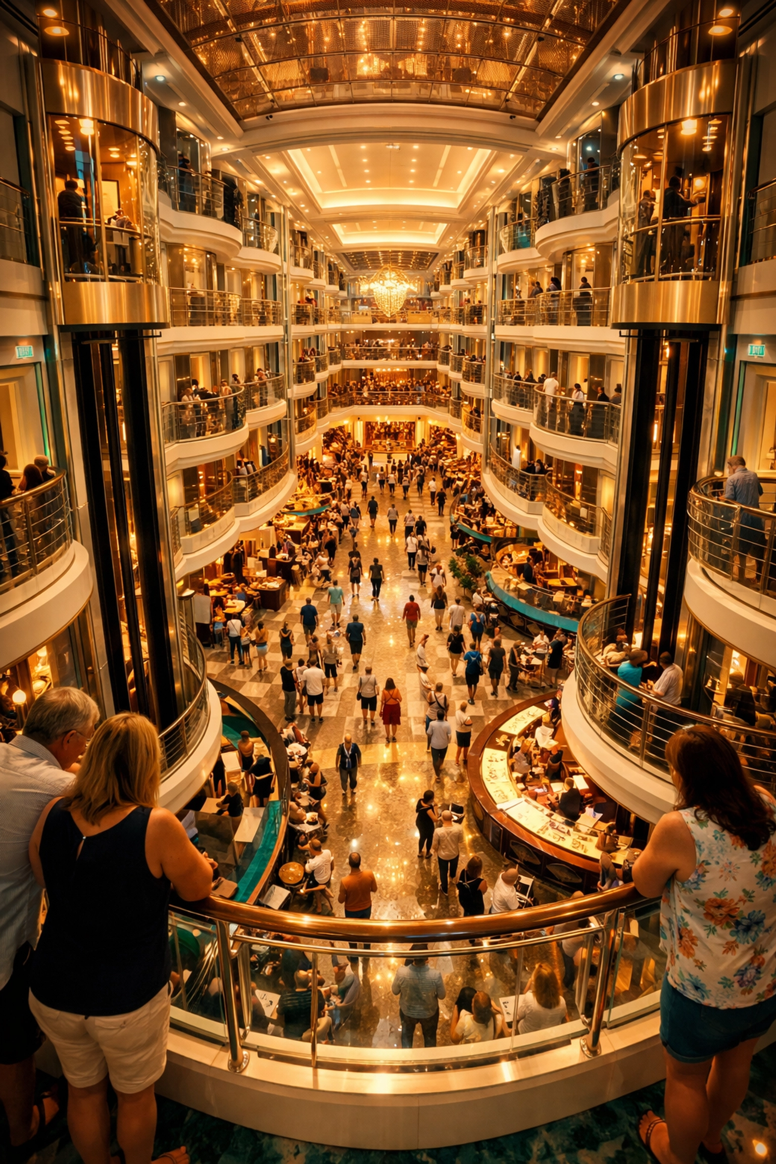 Spacious interior of a Royal Caribbean megaship atrium featuring glass elevators and a promenade.