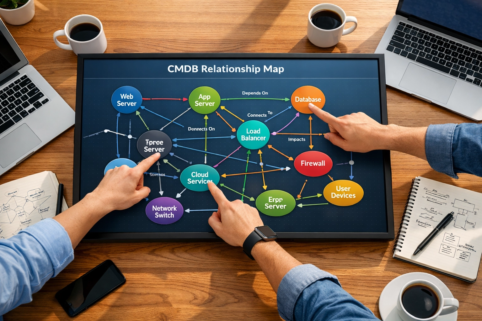 IT team collaborating on ServiceNow CMDB service mapping and infrastructure dependencies
