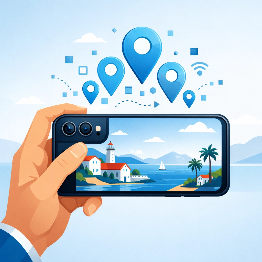 Smartphone capturing geotagged local media to improve search engine visibility for Jersey Shore businesses.