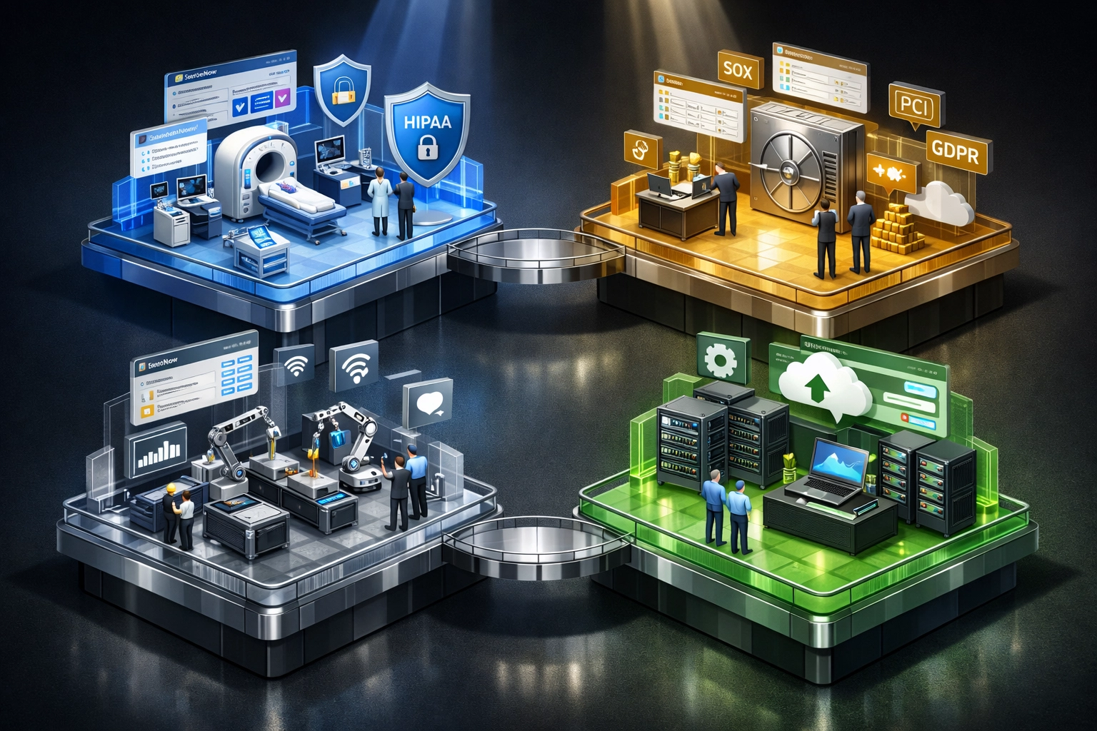 Industry-specific ServiceNow ITOM implementations across healthcare, finance, manufacturing, and tech sectors