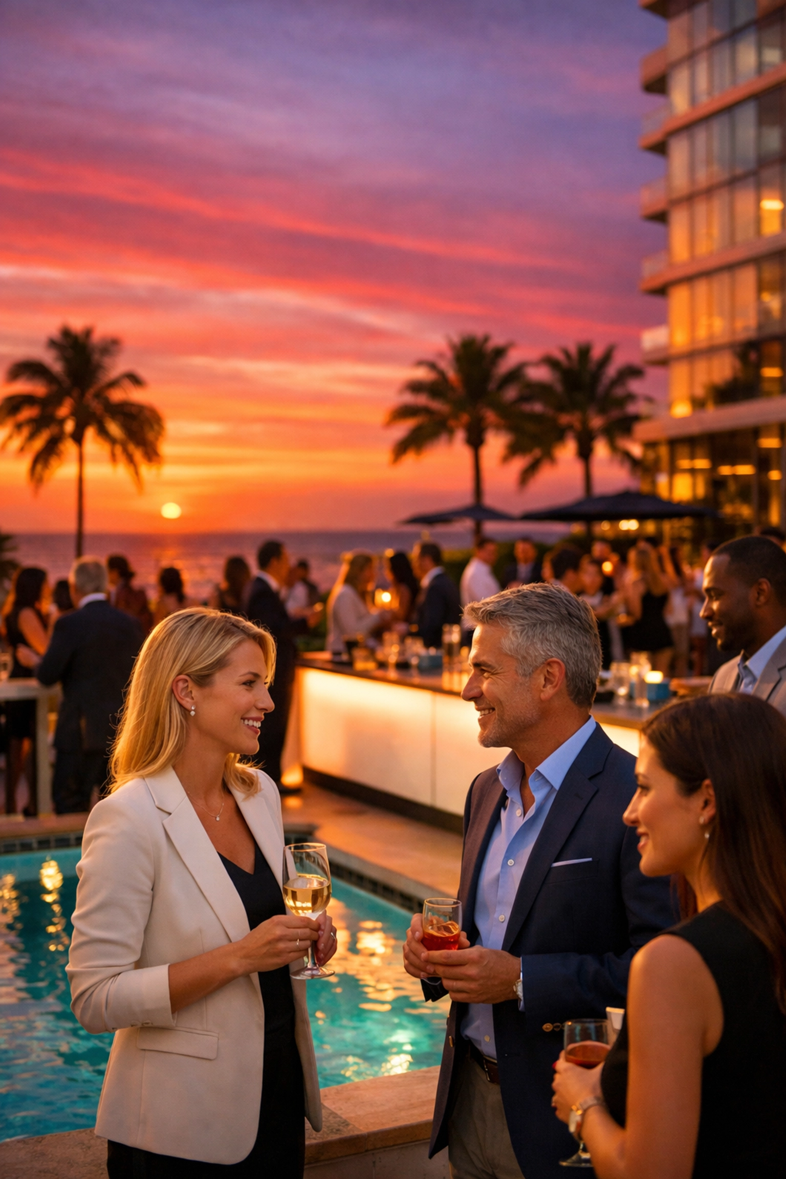 Professional networking at a South Beach luxury hotel rooftop cocktail event during a Miami brand activation.