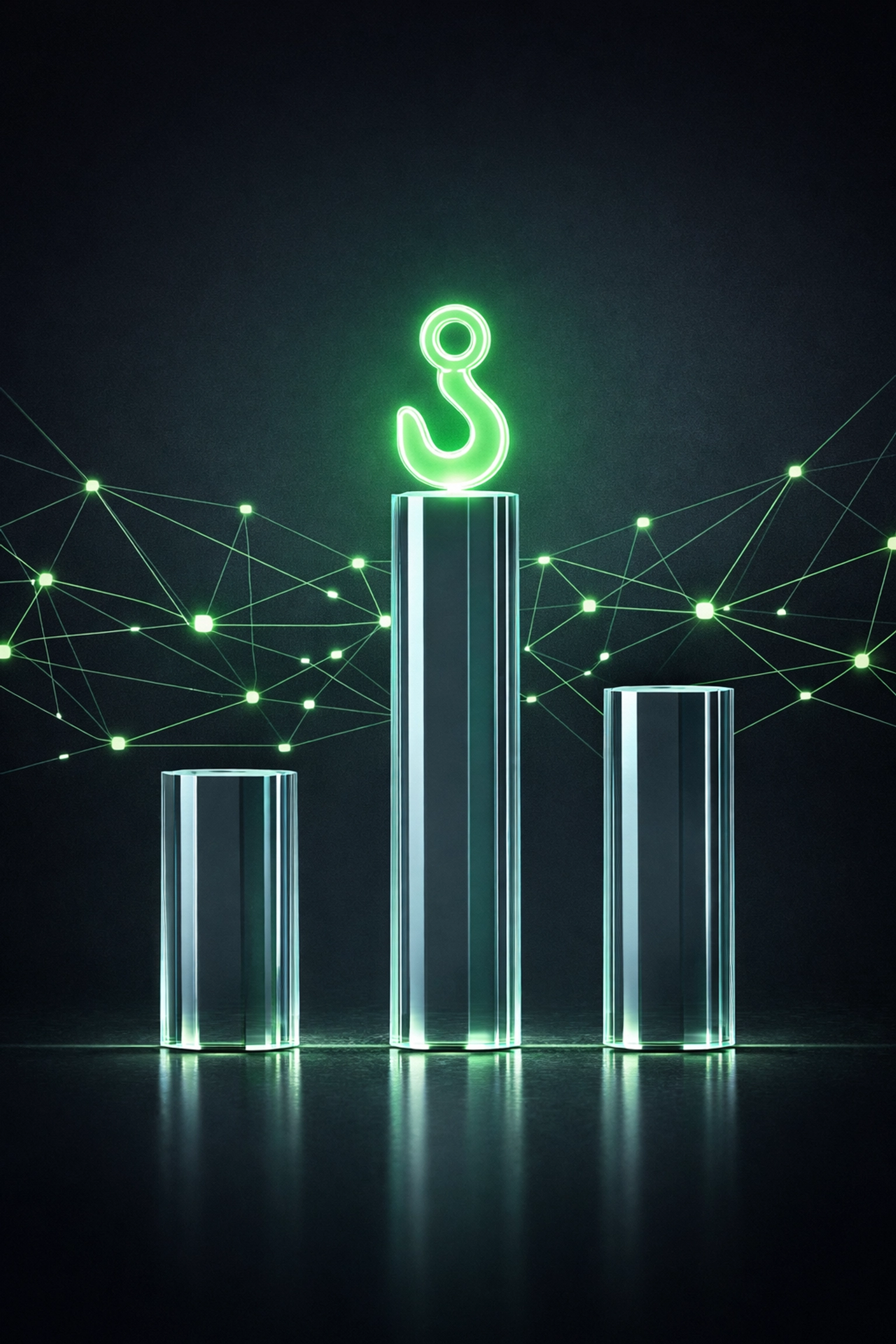 Glowing tow hook icon on data pillars representing high search ranking for towing services.