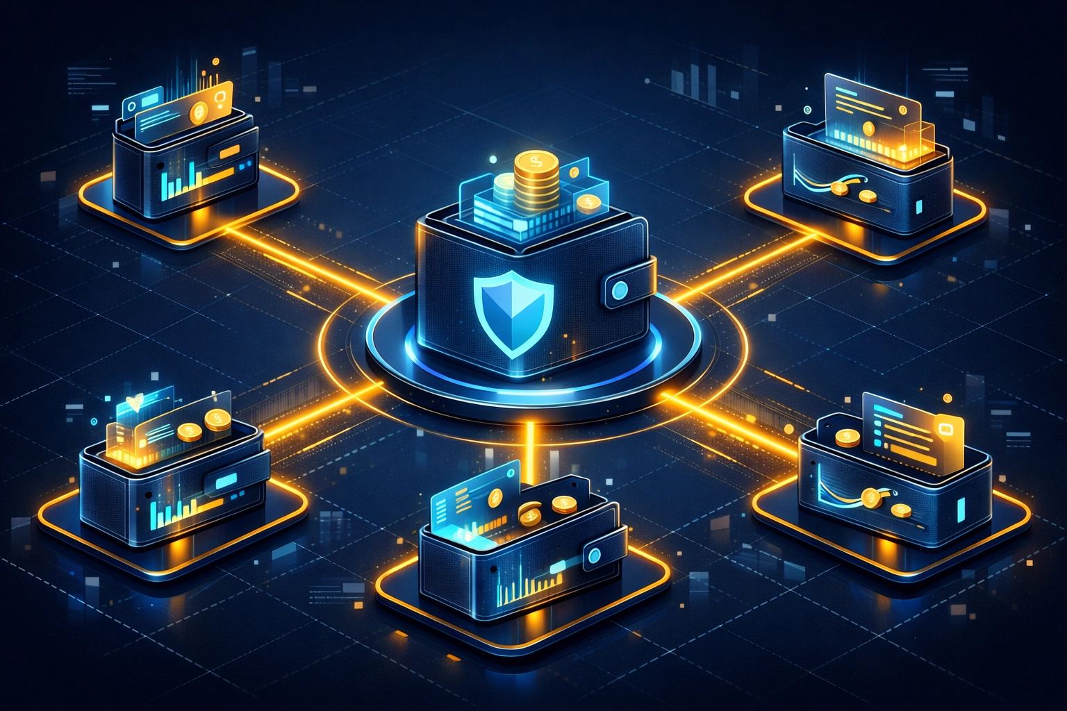 Enterprise master wallet connected to multiple sub-wallets showing Larecoin's payment infrastructure