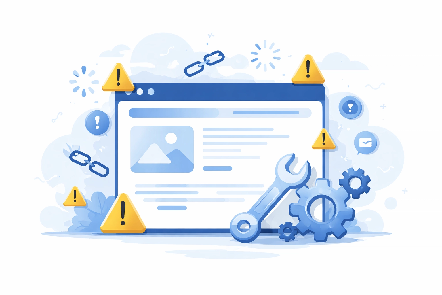 Depiction of website technical issues with warning symbols and gear icons, emphasizing need for ongoing site SEO maintenance