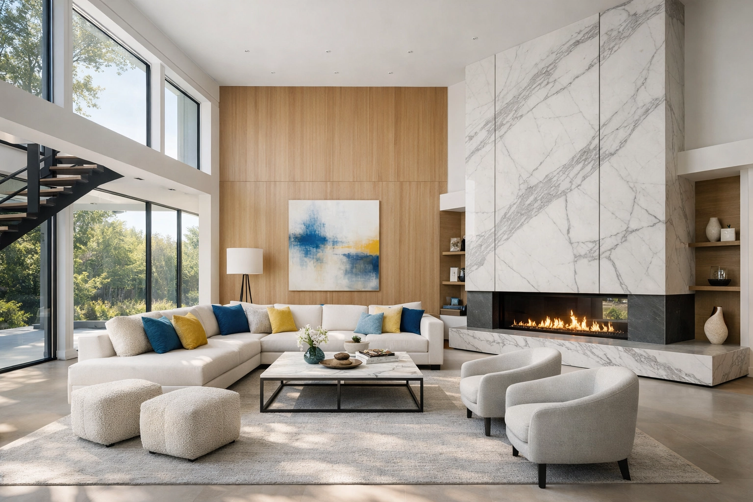 Pristine modern living room in a Lincoln estate featuring high ceilings and minimalist design.