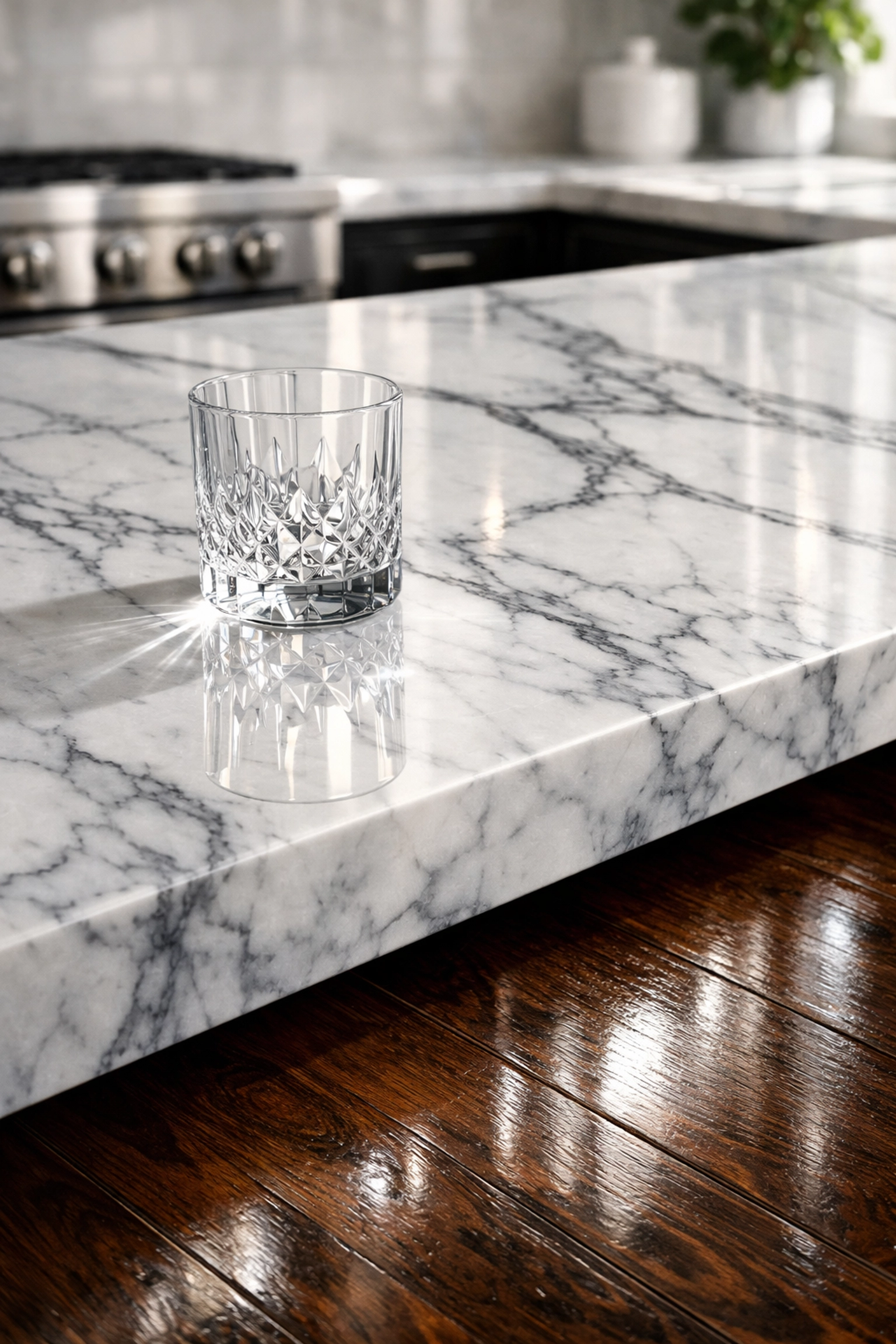 Luxury Carrara marble kitchen in Dover kept spotless and dust-free through professional weekly house cleaning.