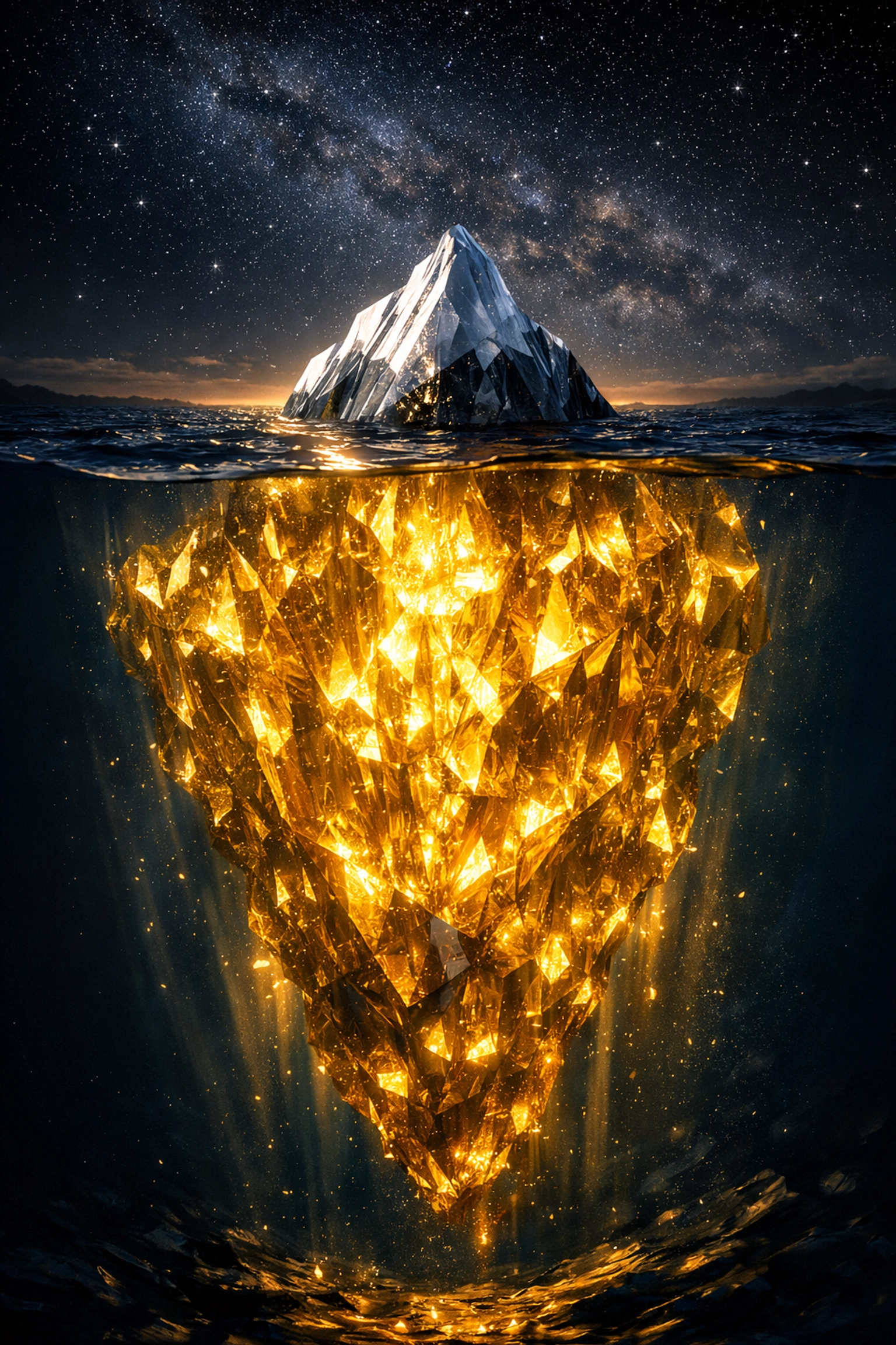 Golden iceberg in a dark ocean representing the vast scale of private equity opportunities.