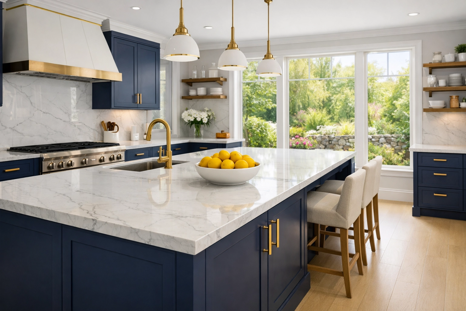 A spotless luxury kitchen with marble countertops sanitized by professional house cleaning services MA.
