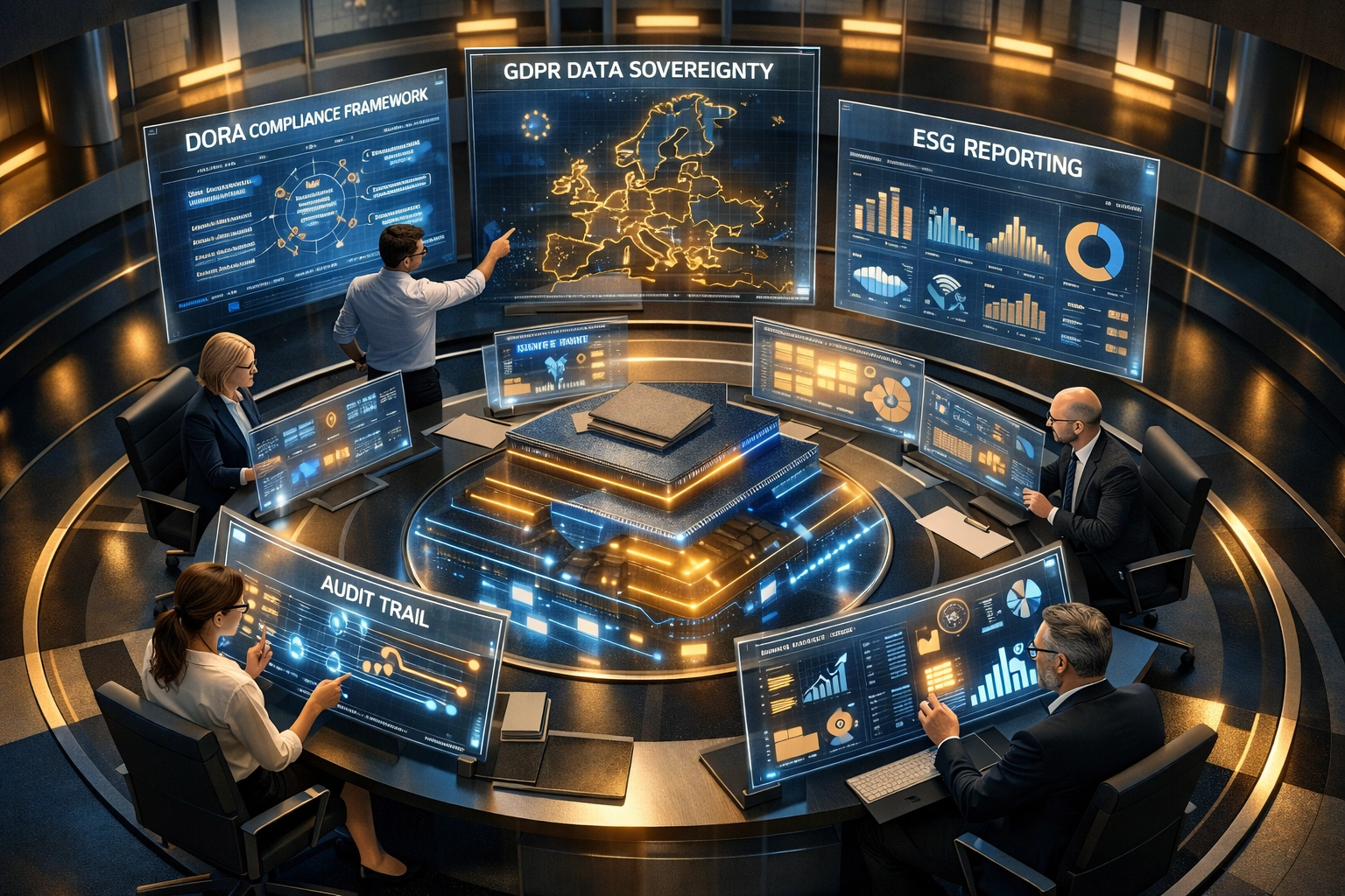 European compliance control room showing DORA, GDPR and ESG reporting dashboards