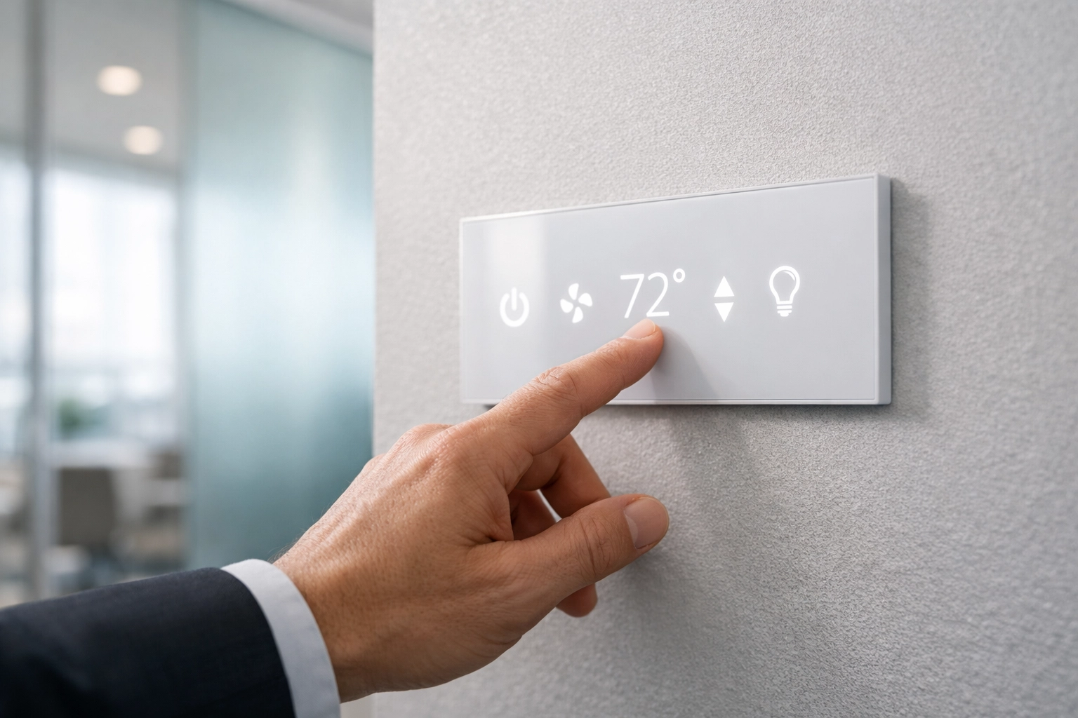 Modern touch panel controlling privacy glass in a Phoenix luxury corporate office suite.