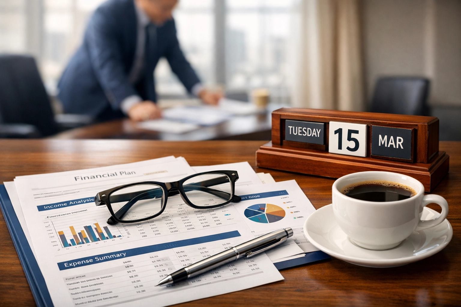 Executive desk with financial planning documents for retirement income and Social Security strategy.