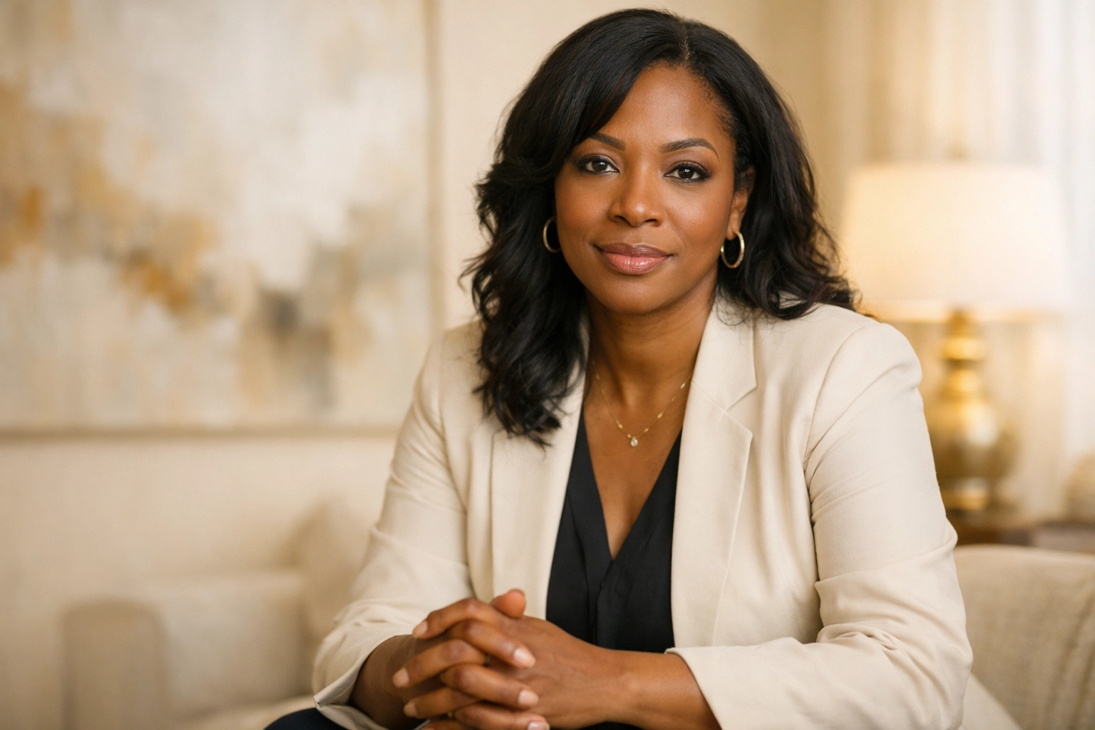 Confident woman leader embodying strength and compassion after trauma recovery