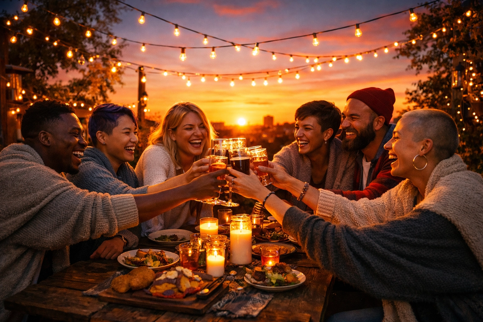 A diverse group of queer friends laughing at a dinner table, celebrating the strength of an LGBTQ+ chosen family.