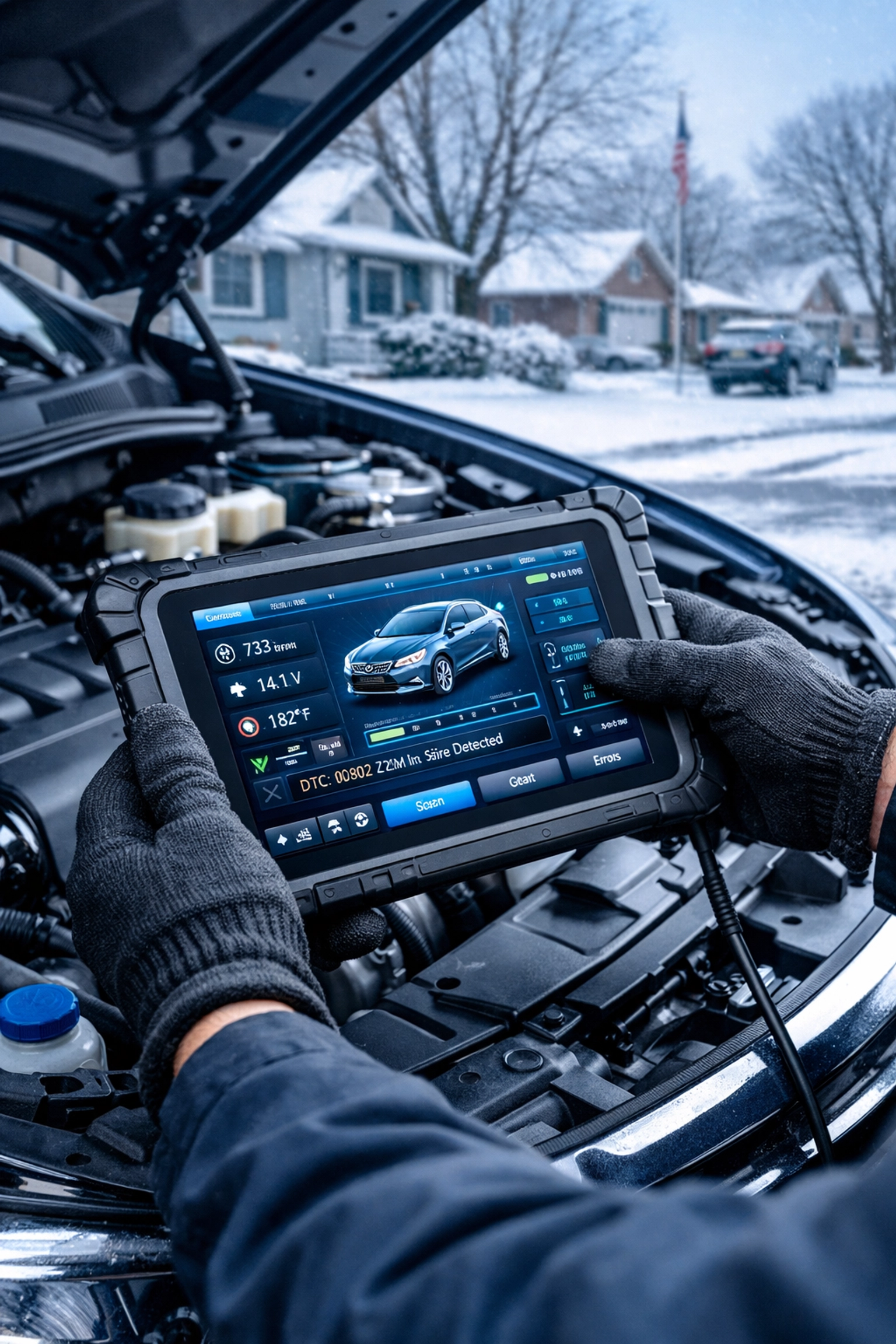 Technician using a digital diagnostic tool on a vehicle engine during winter in Green Bay.