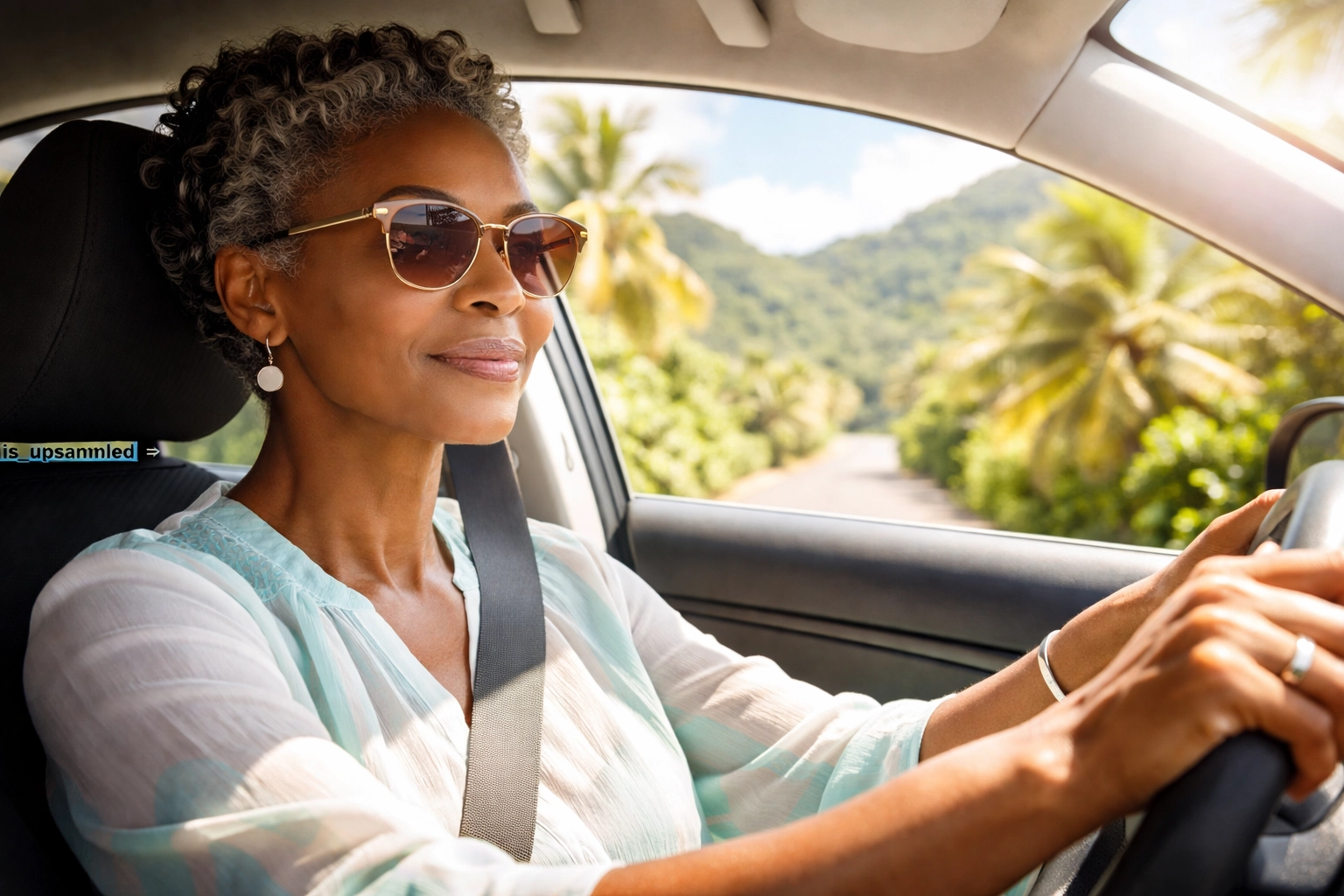 Black woman driving in Saint Lucia sunlight with transition lenses, demonstrating safe eye care for drivers.