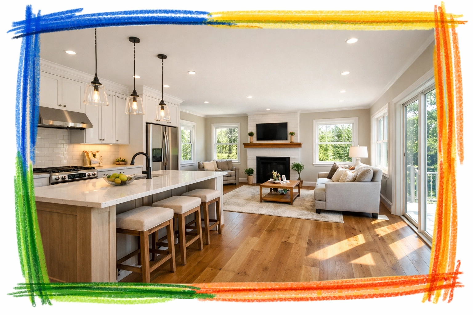 Open concept kitchen and living room with modern finishes in new construction home Open concept kitchen and living room with modern finishes in new construction home