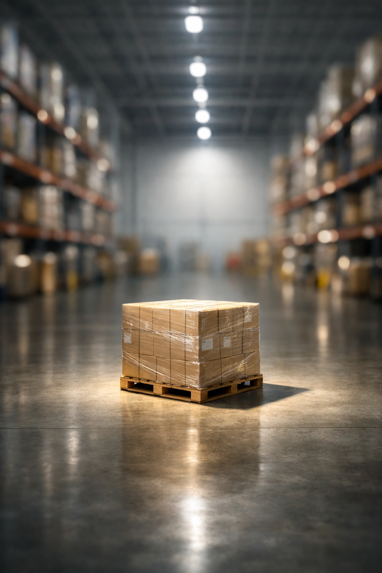 Modern warehouse fulfillment center showing a single pallet to highlight aged inventory storage costs.