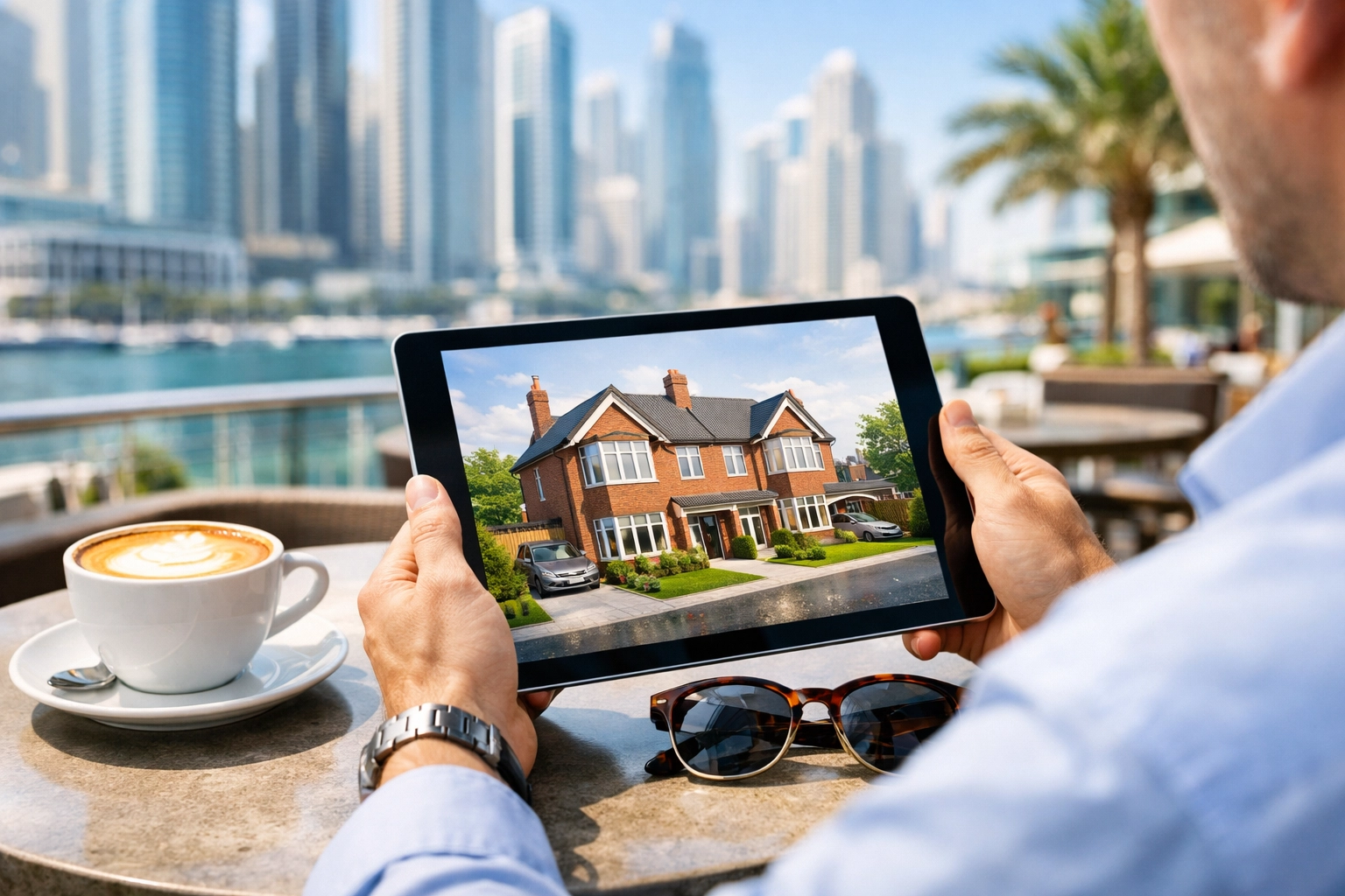 An investor using a tablet to manage a UK buy-to-let property mortgage from an international location.