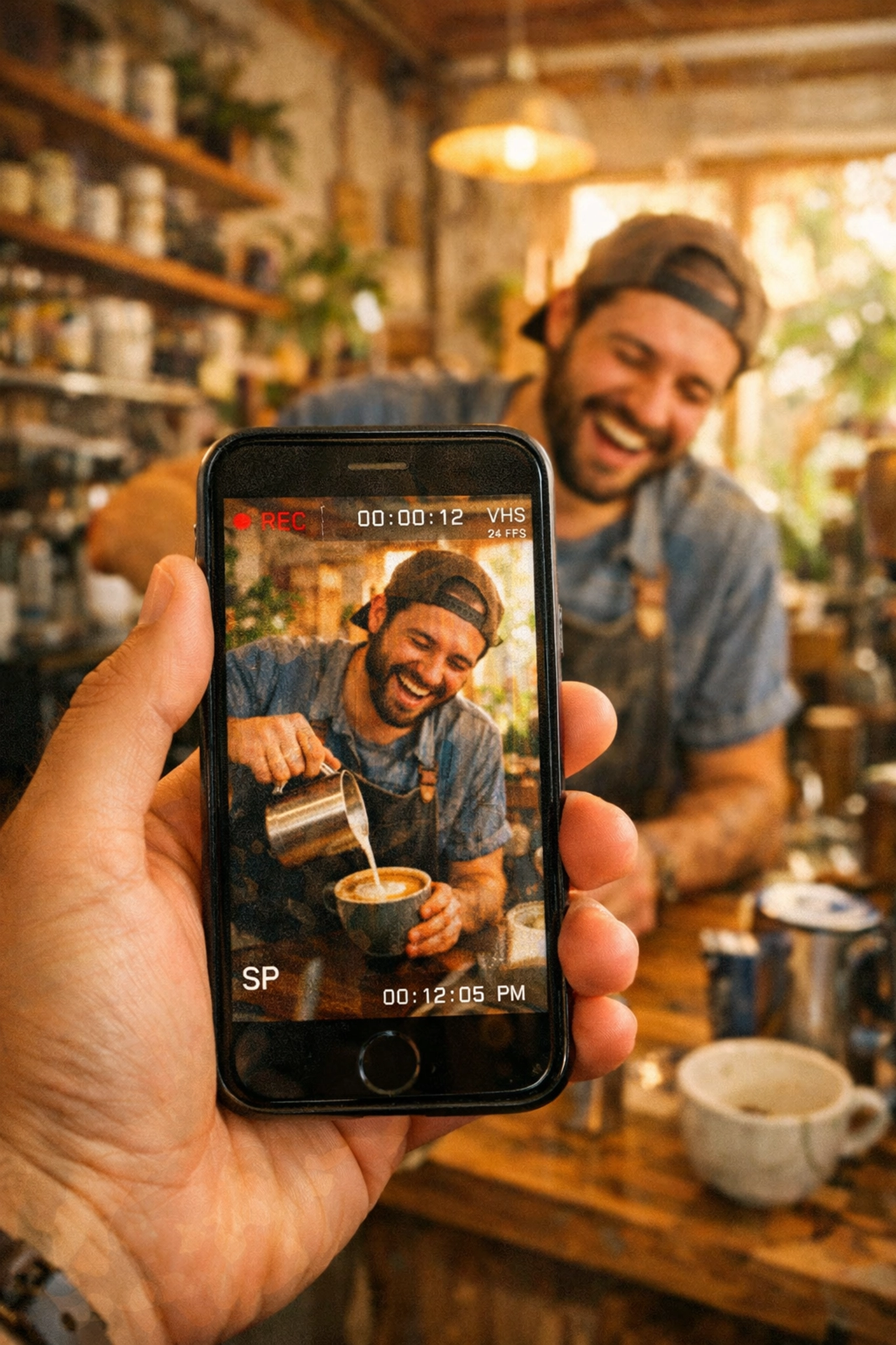 Authentic mobile video ad creation for a small business using a smartphone in a coffee shop.