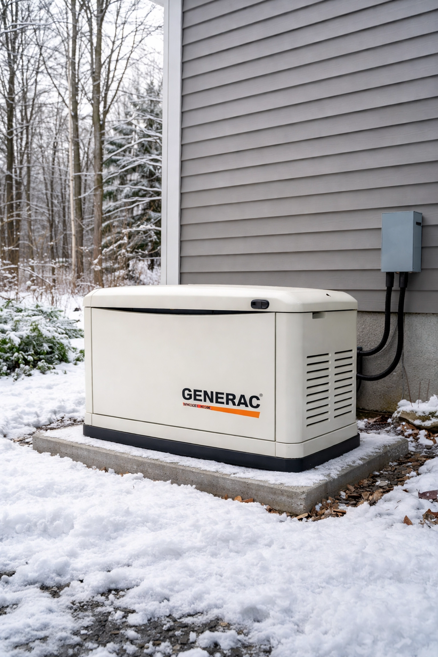 Whole-home standby generator installed outside a Maine home during winter for backup power