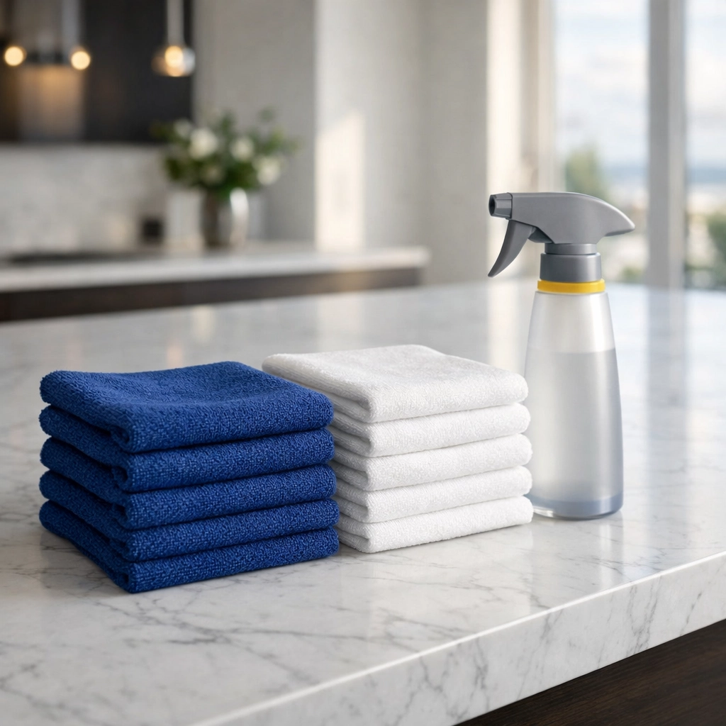 Professional apartment cleaning in Marlborough using color-coded microfiber cloths and high-quality spray products.