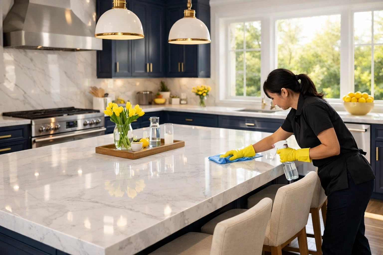 Professional cleaner performing luxury house cleaning MA in a high-end modern Massachusetts kitchen.