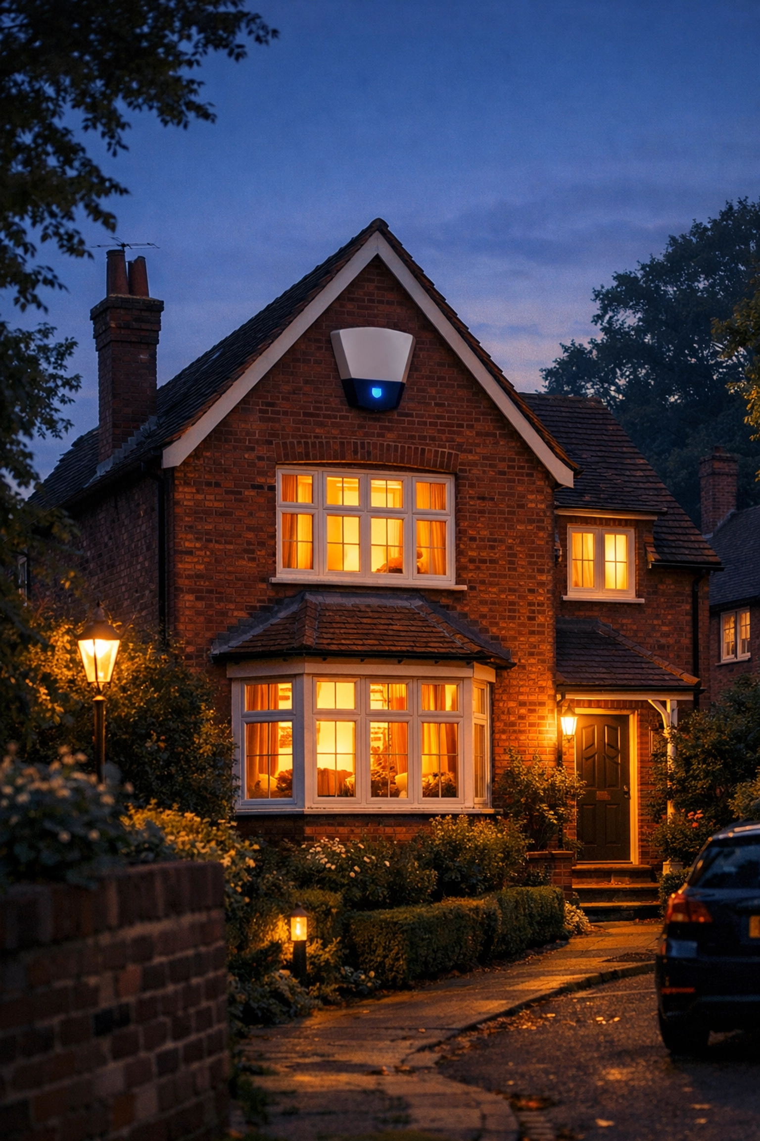 Modern security alarm system installed on a traditional red-brick house in Stratford upon Avon.