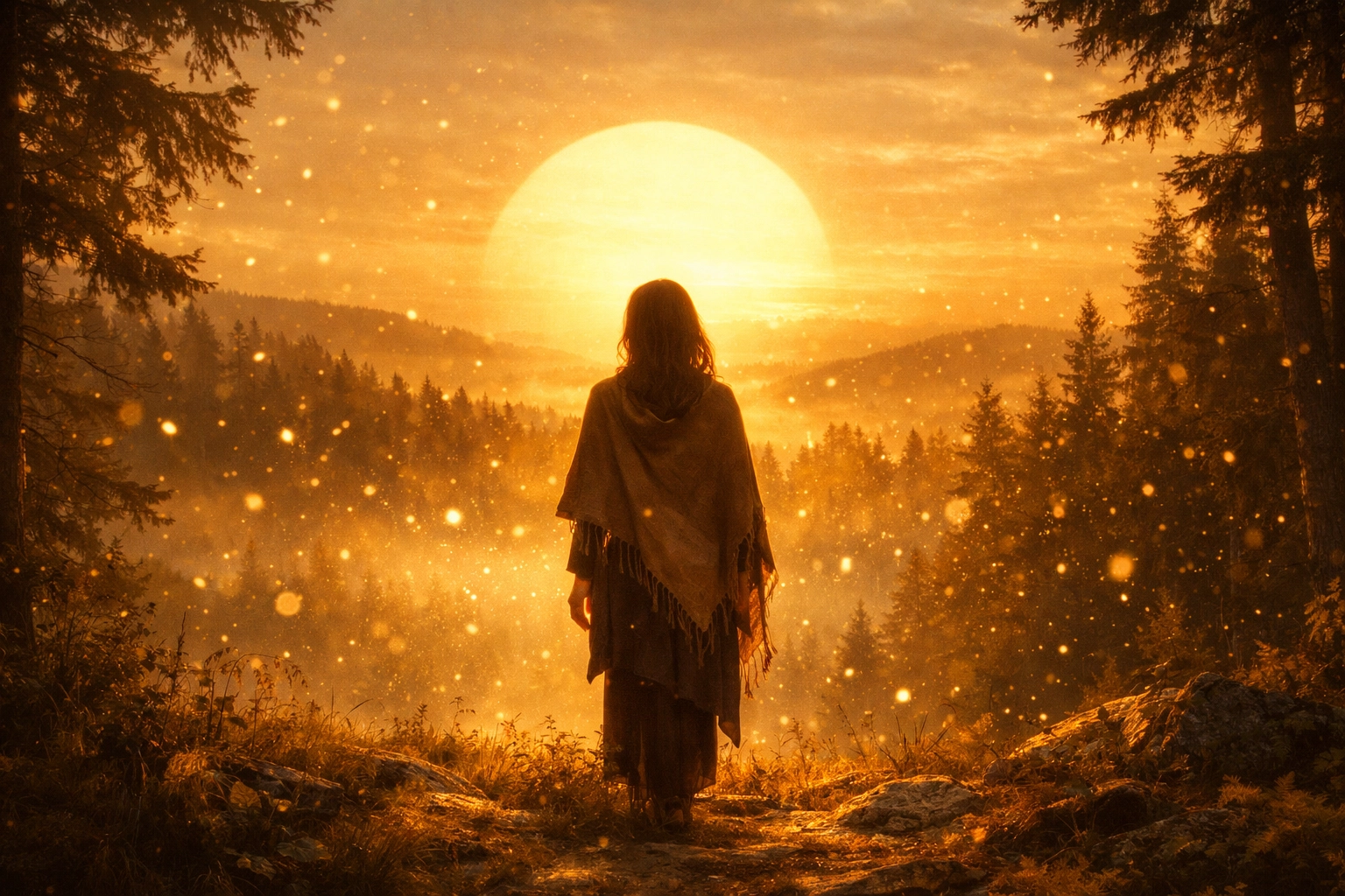 A woman standing in a sunrise forest, representing the peace and clarity found through inner healing and growth.