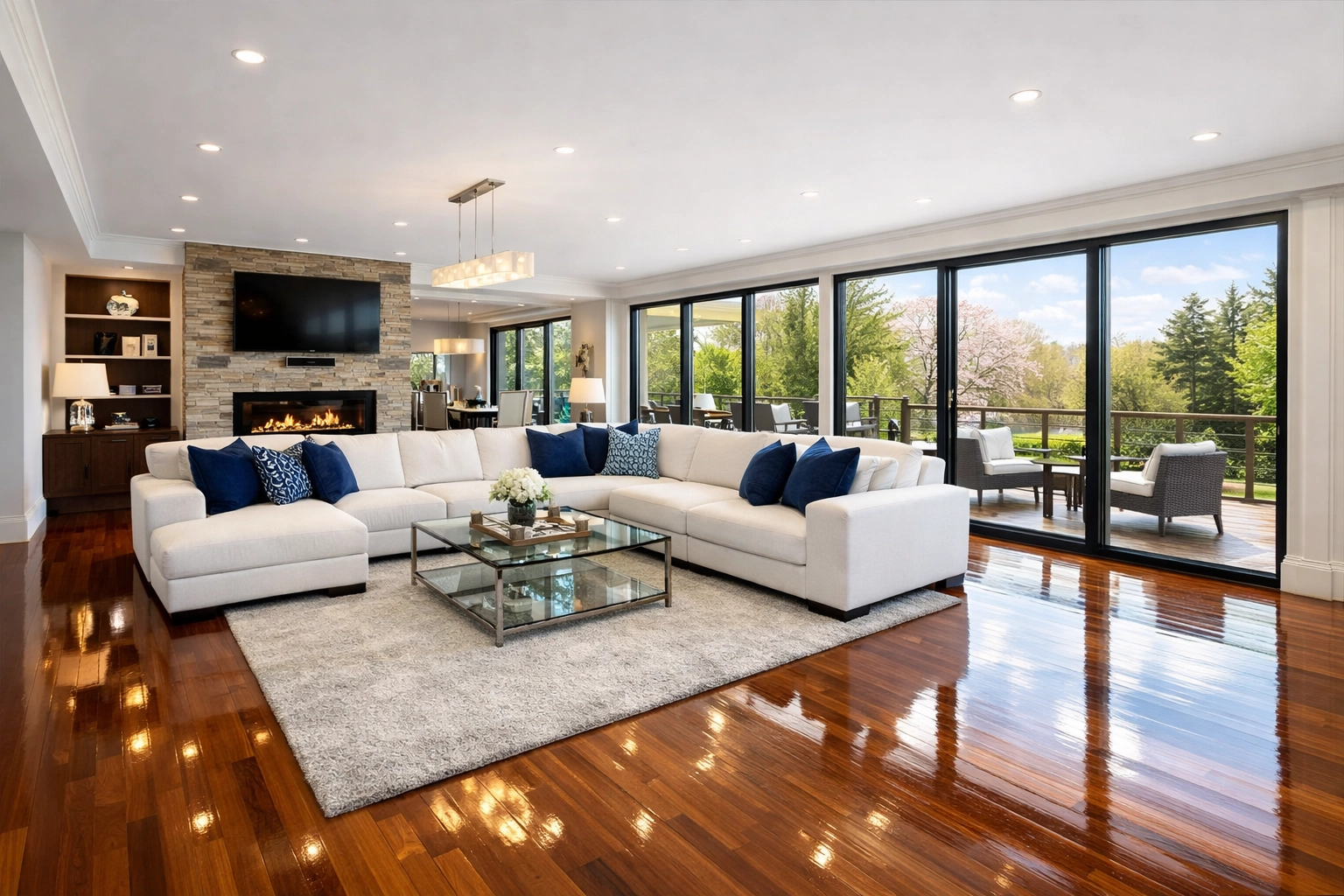 Spotless luxury living room in Massachusetts illustrating the high standards of professional cleaners MA.