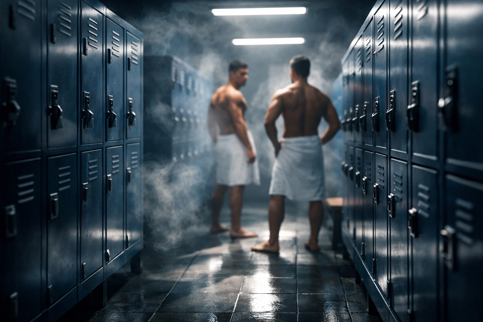 Two men in towels navigate awkward eye contact in steamy gym locker room MM romance moment