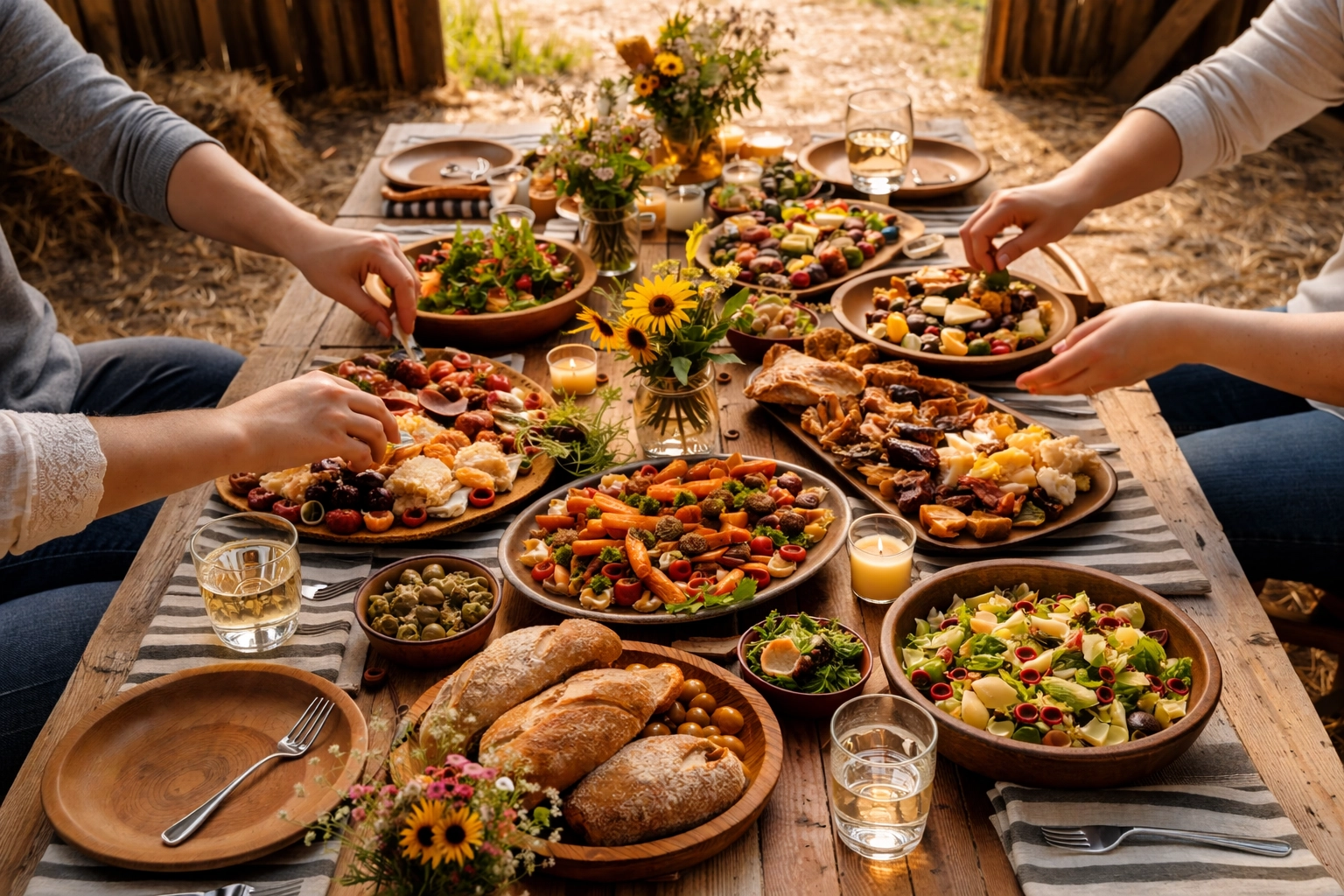 Rustic outdoor farm-to-table dining with seasonal local dishes, showcasing sustainable retreat catering ideas.