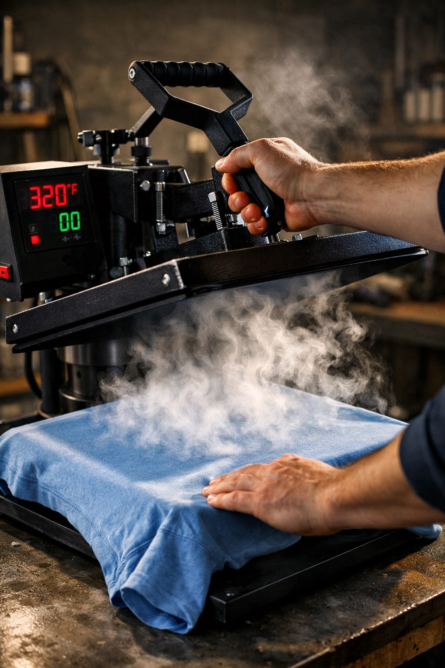 Heat press machine removing moisture from fabric during pre-pressing for DTF transfer application