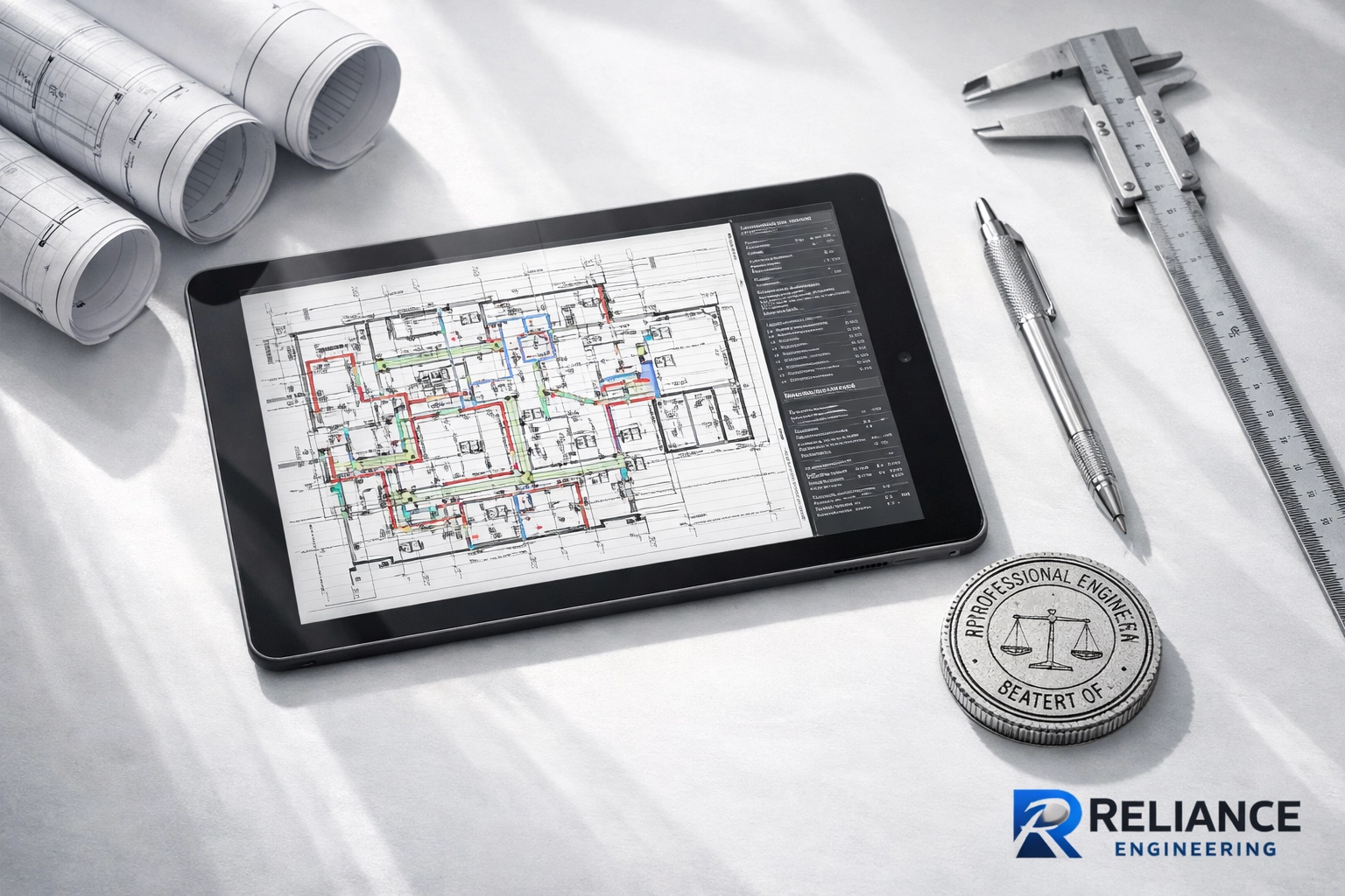 Professional engineer workspace featuring CAD servicing plans and blueprints for Ontario municipal approvals.