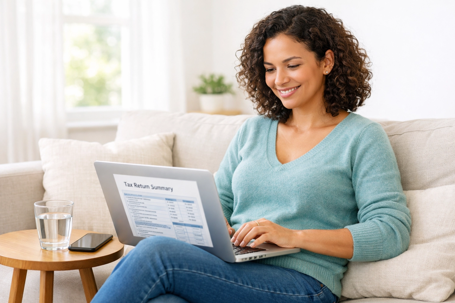 Person filing taxes from home on laptop in comfortable living room setting