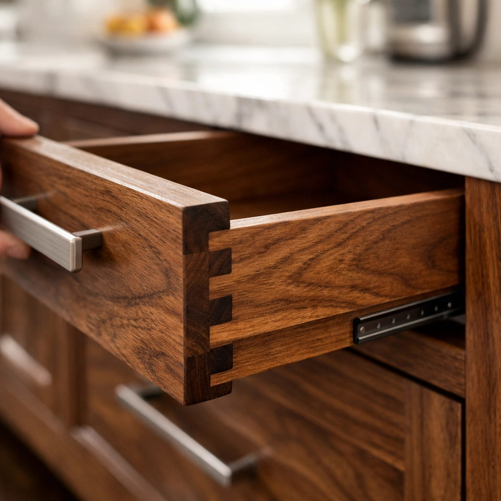 Detailed walnut dovetail drawer showing the high-quality craftsmanship of custom kitchen cabinets.
