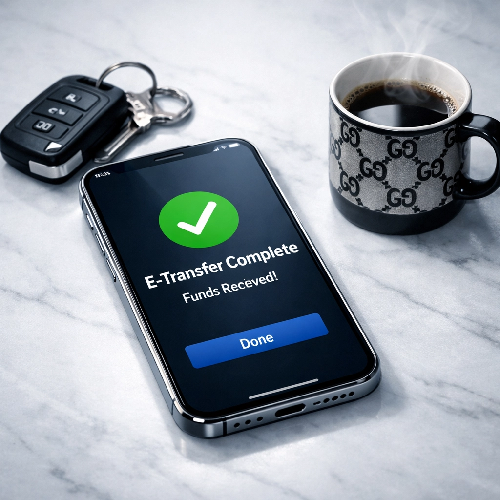 Smartphone next to car keys showing a successful same day loan via Interac e-Transfer.