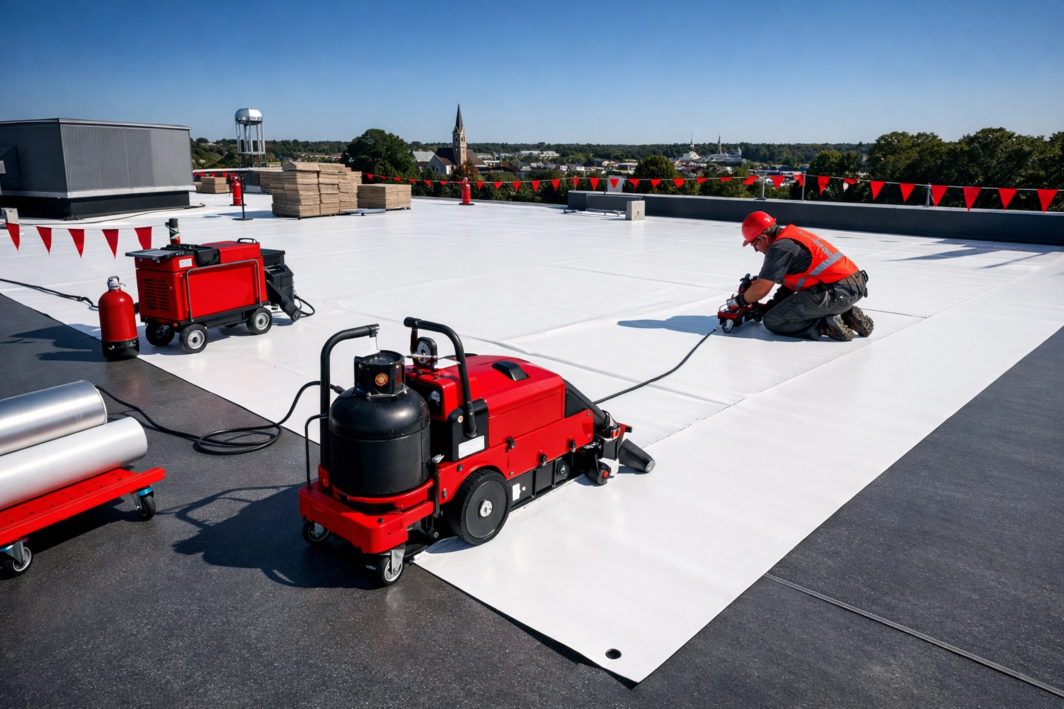Expert Salisbury roofers performing a professional TPO membrane installation on a flat commercial roof.