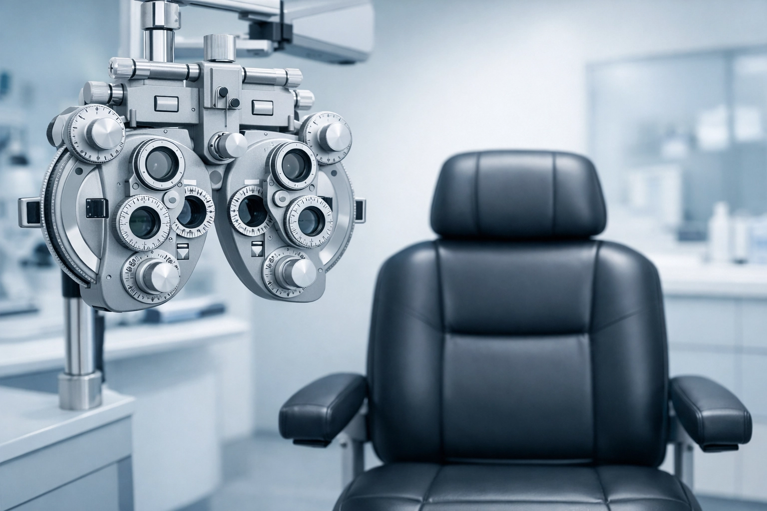 Modern optometry clinical suite with eye exam equipment for professional Medicare revenue cycle management.