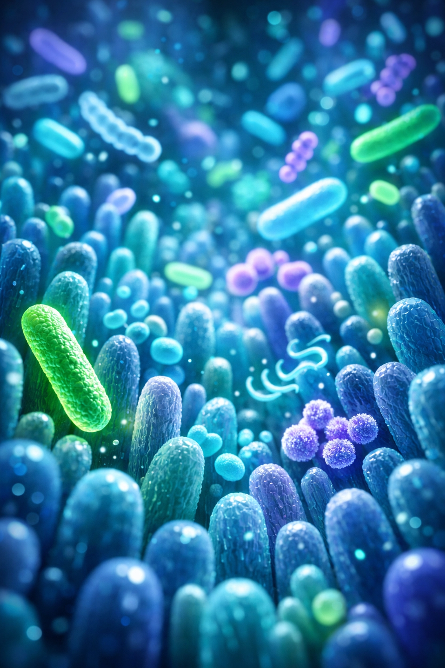 Visual representation of a diverse human gut microbiome ecosystem showing various beneficial bacterial species.