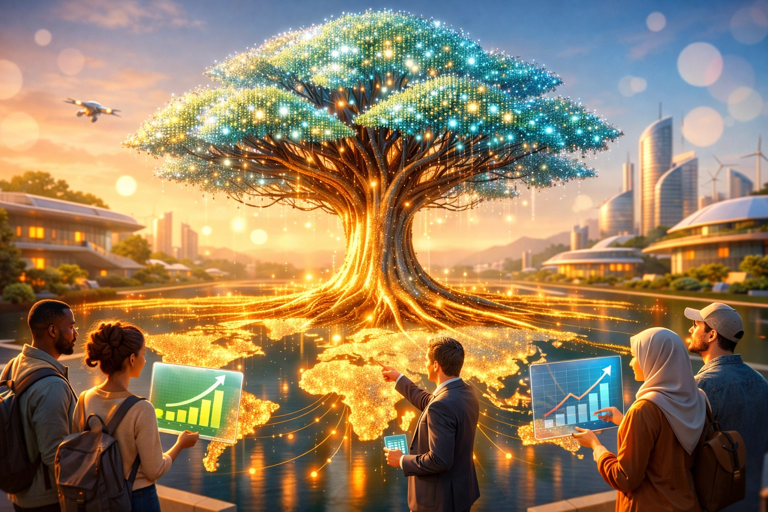 Glowing digital tree spreading energy across a world map, representing Larecoin’s social impact fund.