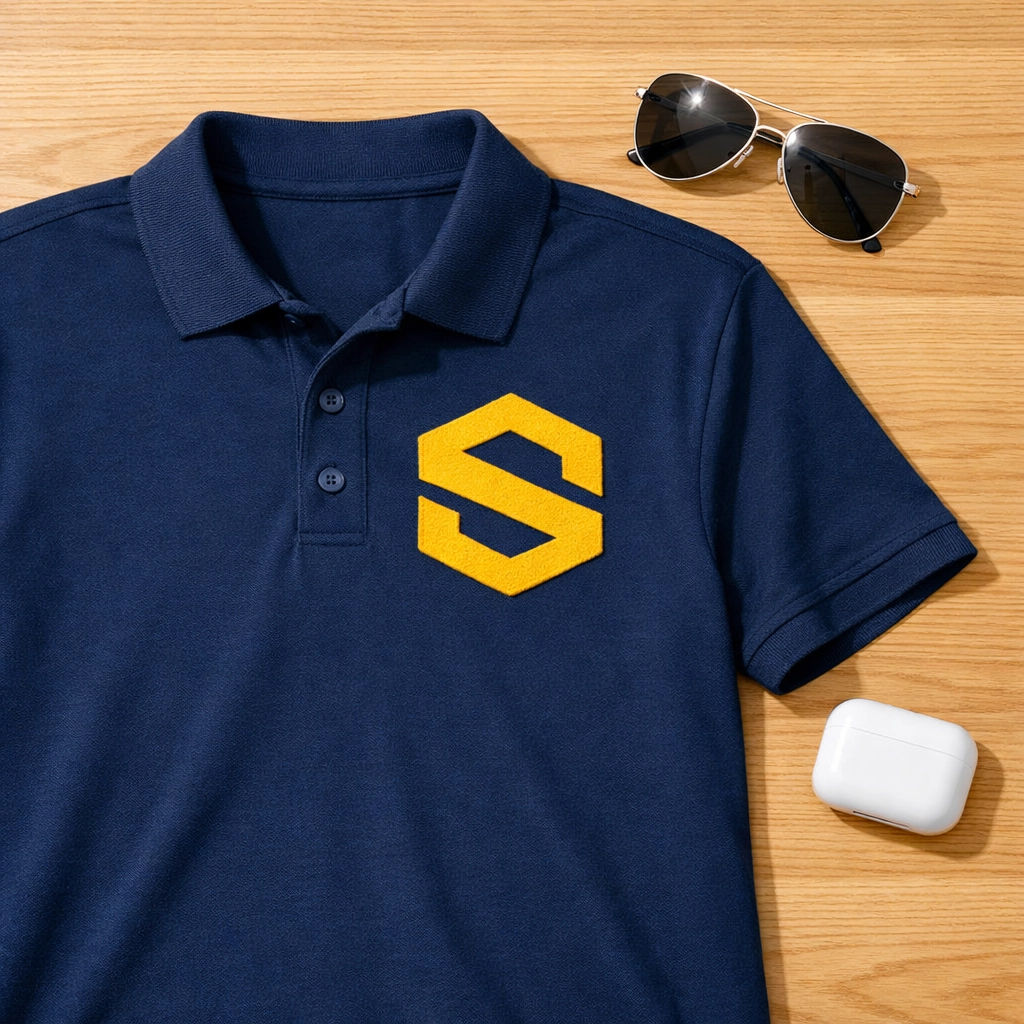 High-contrast yellow logo on a navy blue custom embroidered polo for professional branding clarity.