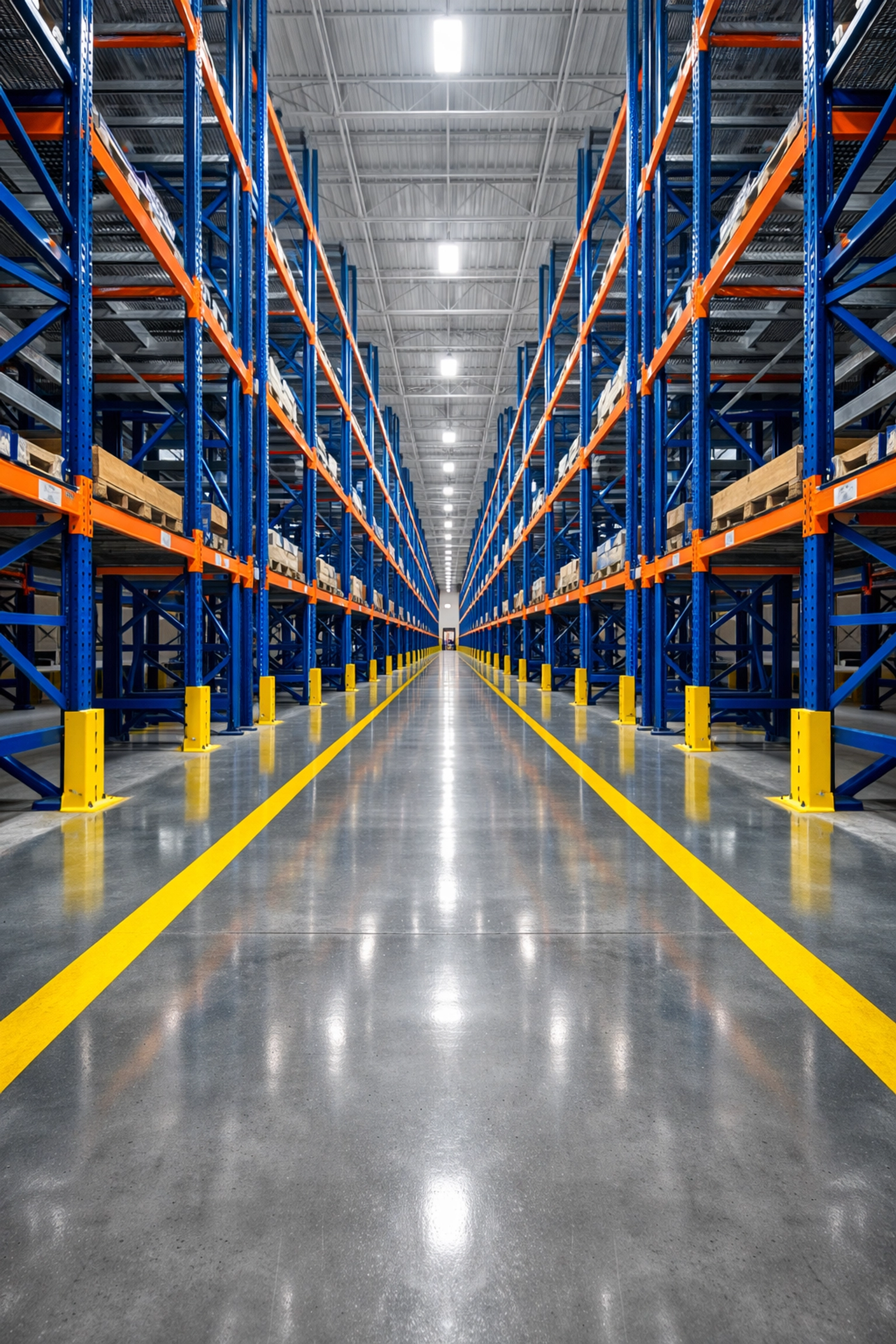 Clean Medford warehouse aisle with polished concrete floors and industrial safety markings.