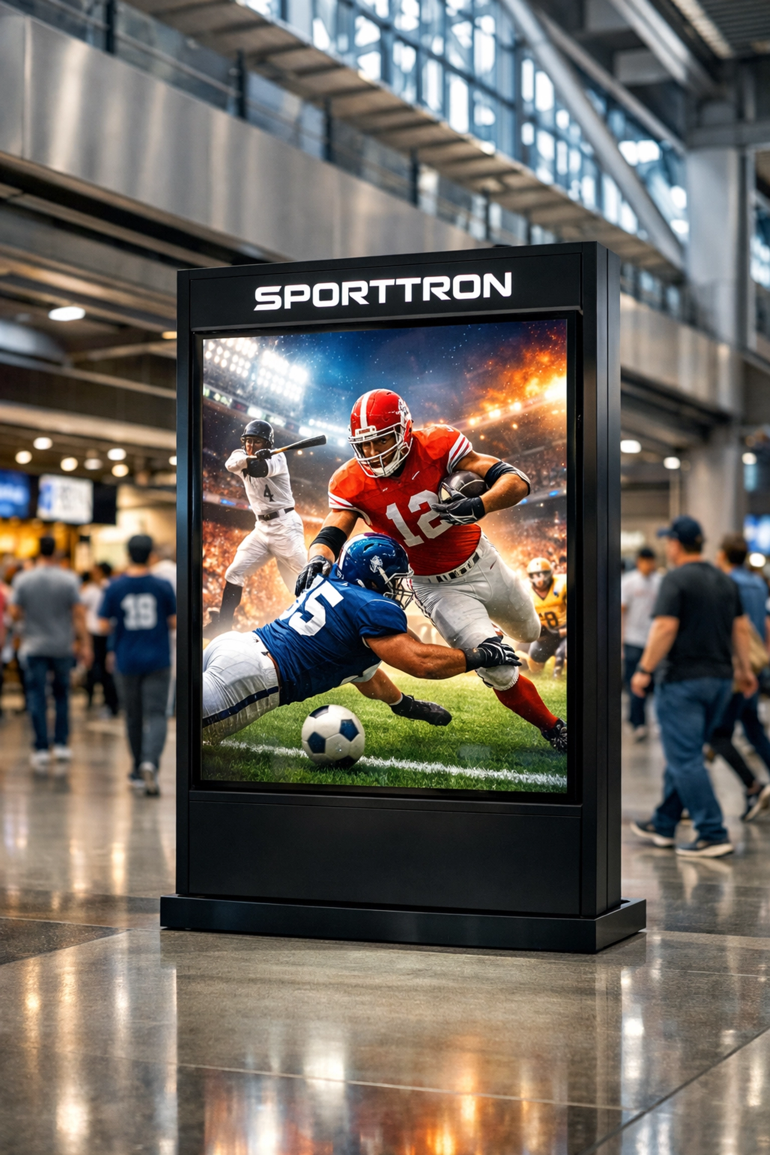 High-resolution digital Sporttron display in a stadium concourse for OOH sports advertising.