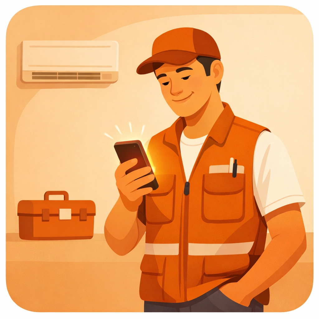 Technician using a contractor photo app to manage project timelines and job site records.