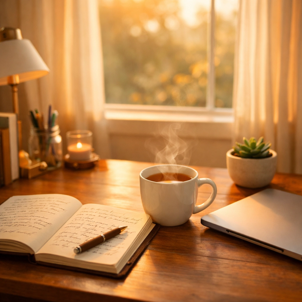 Sesión De Coaching Online Para Desarrollo De Hábitos Positivos Espacio de trabajo para emprendedor con enfoque en desarrollo personal y reflexión