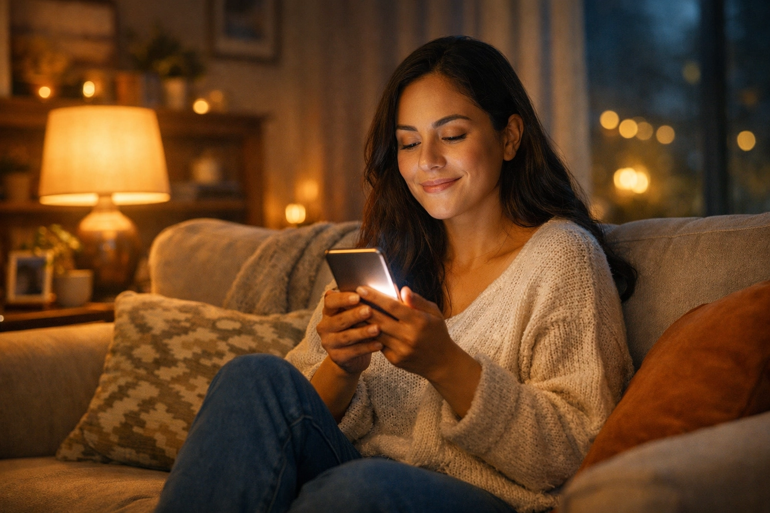 A woman finds relief through 24/7 Christian prayer support from Boundless Online Church at night.