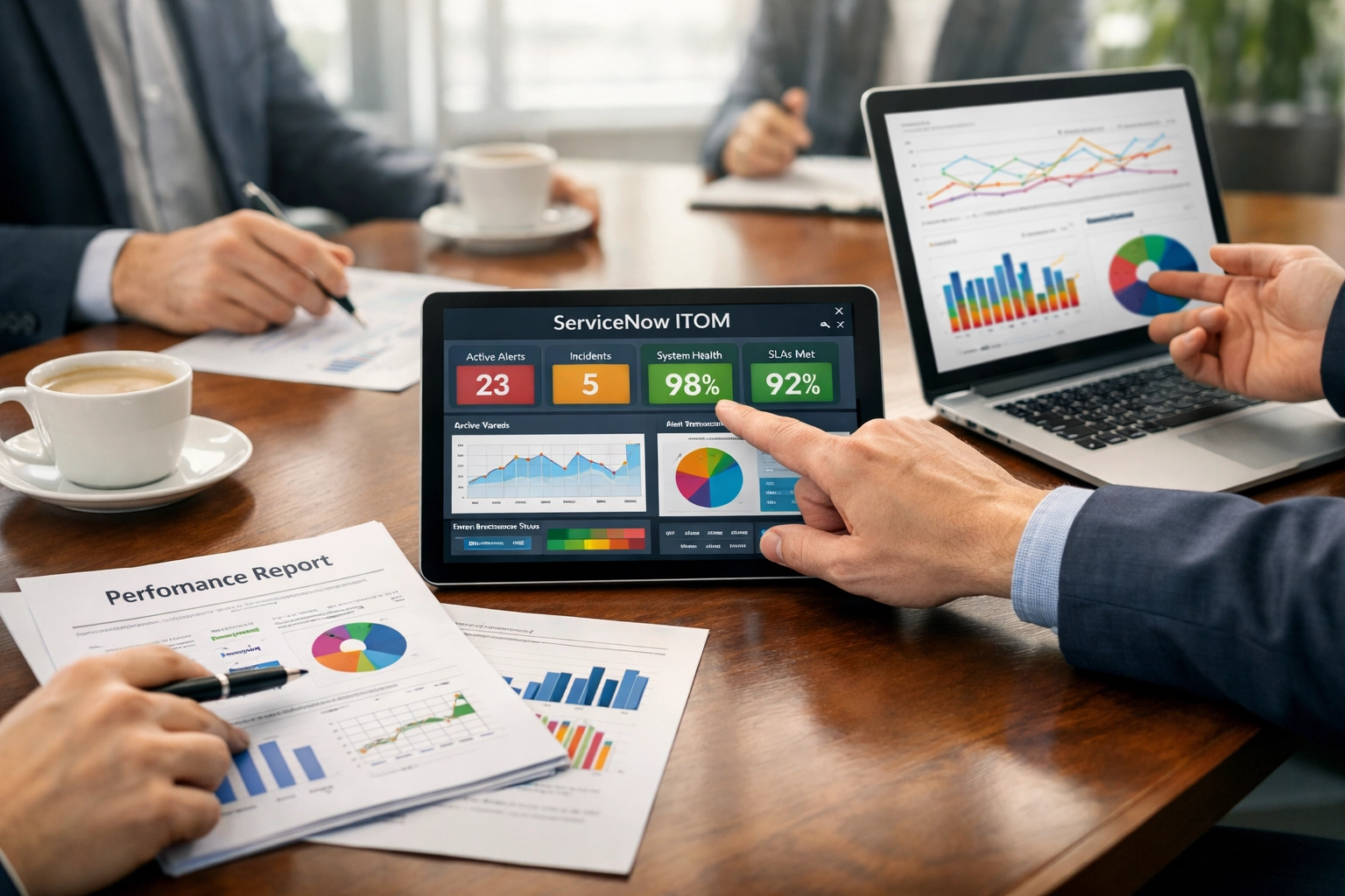 Team reviewing ServiceNow ITOM performance analytics and KPI dashboards during consulting services audit