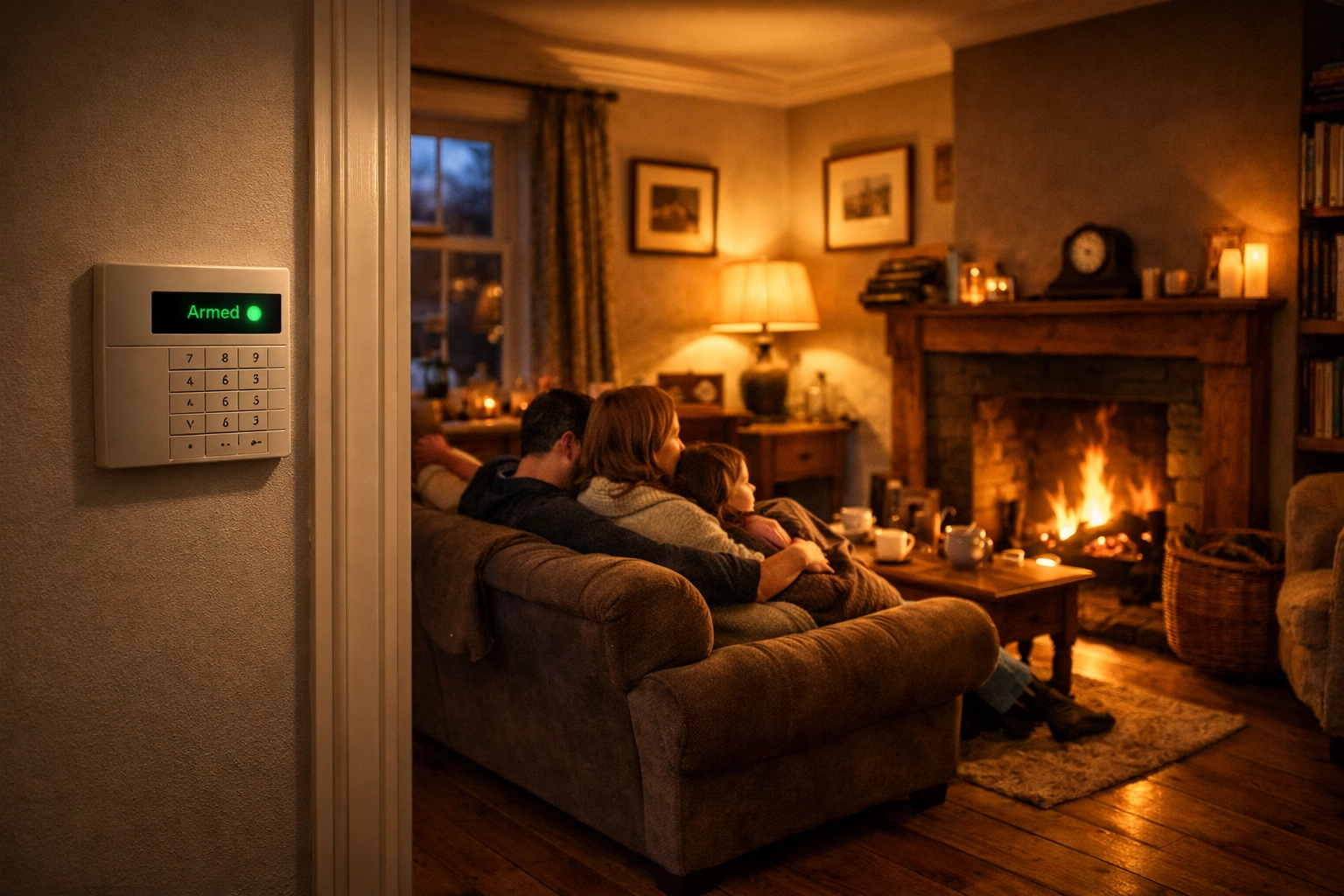 Smart home alarm keypad in a secure Chippenham house with a family relaxing at dusk.