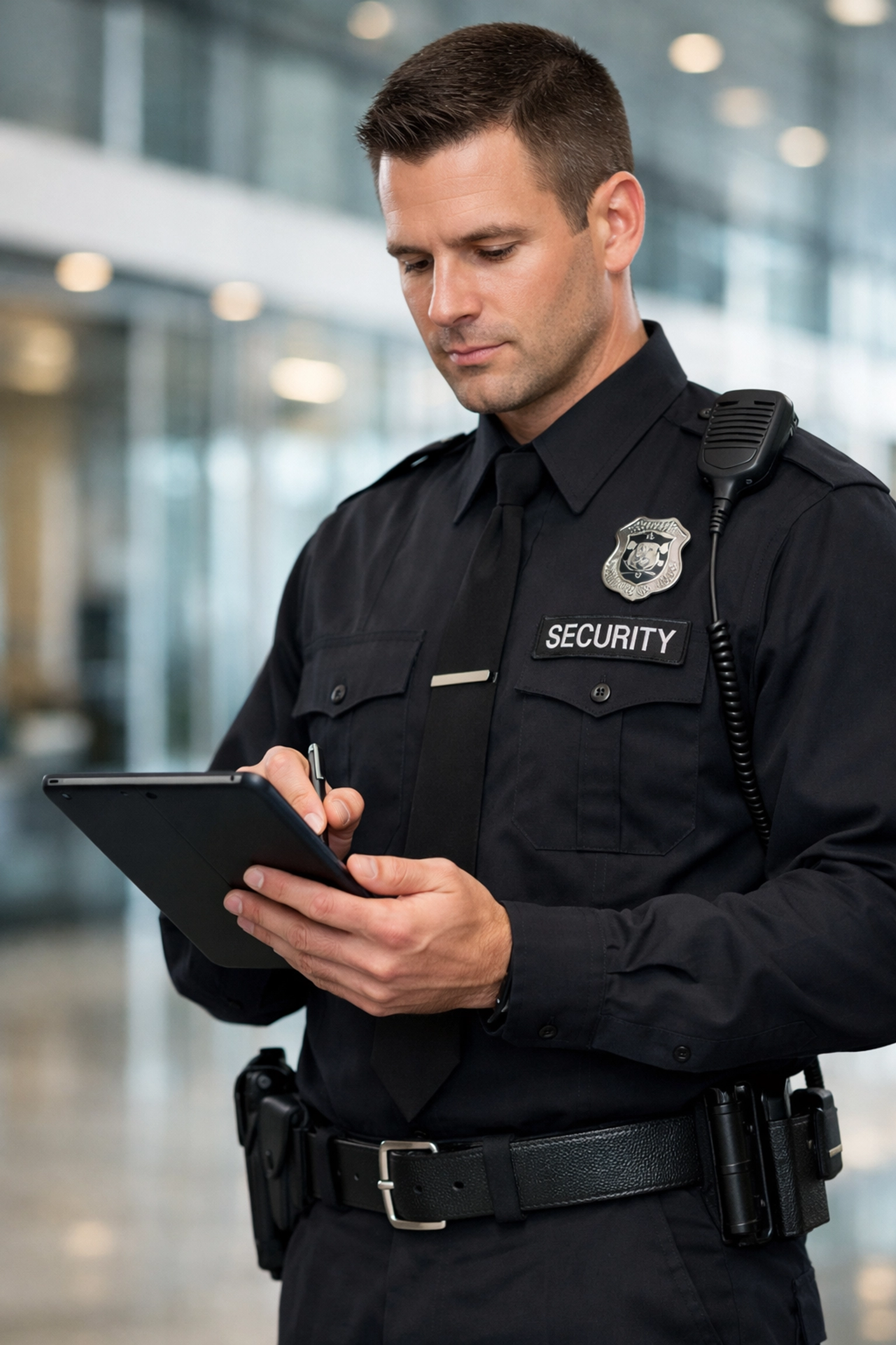 Professional security officer using digital reporting technology in a corporate office building.