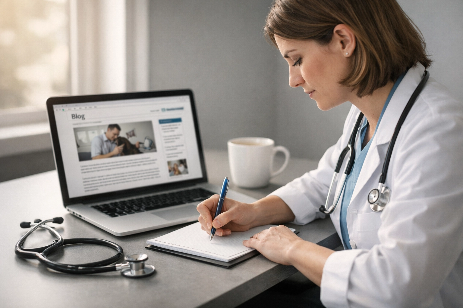 Veterinarian writing content at desk with laptop for email marketing campaign